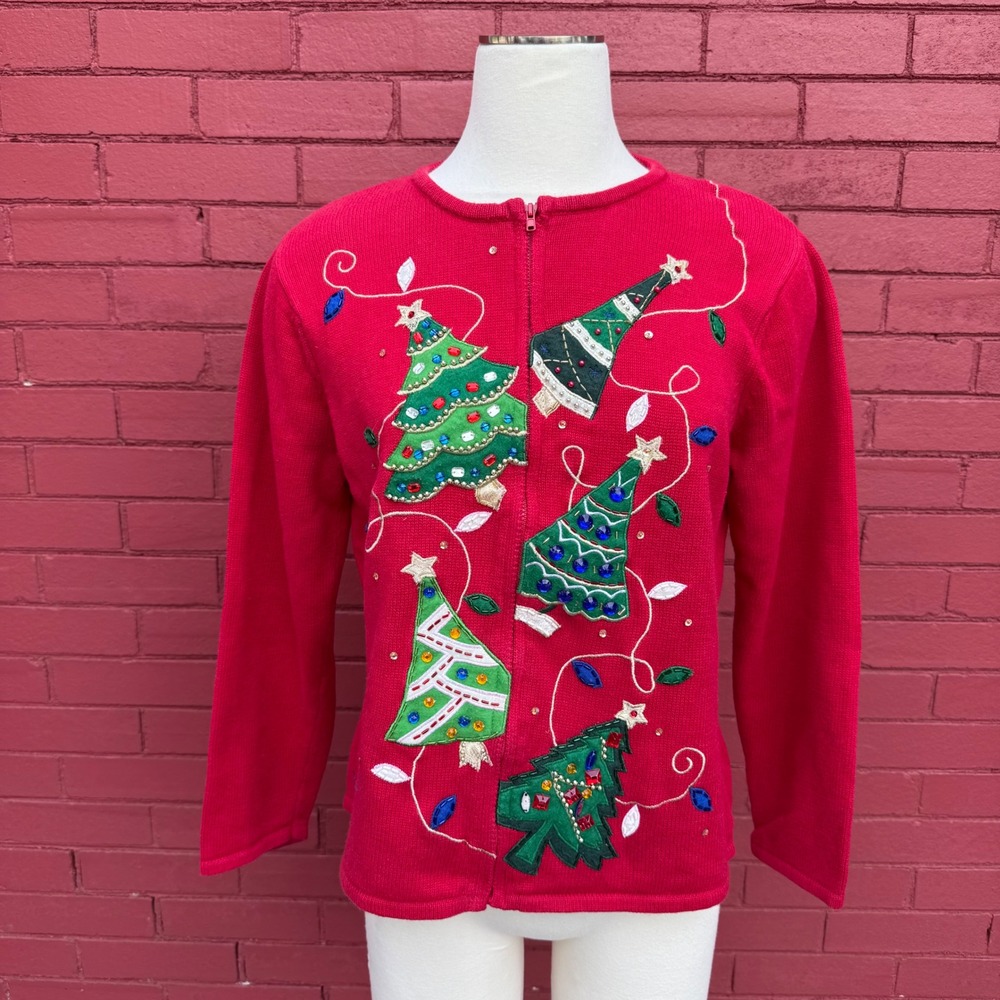 Vtg Tiara International Christmas Cardigan Sweater‎ Womens Large Trees Lights